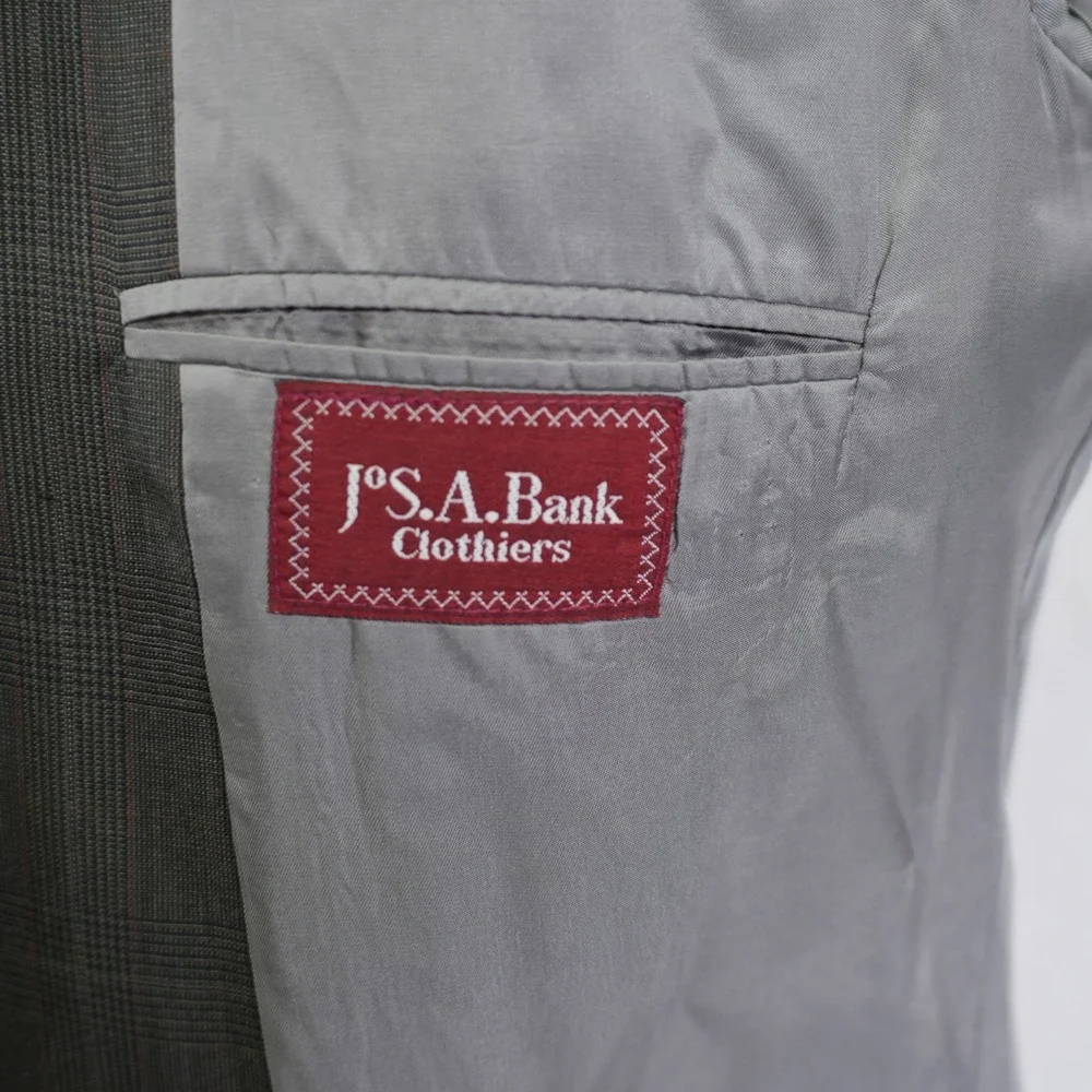 DAMAGED Jos A Bank Wool Green Plaid 2 Piece Suit 40R 35 / 31 W/ Orange Red Wind